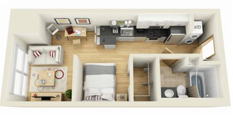 Floor plan for studio, 1 bath, 448 sqft
